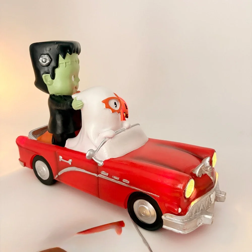 Halloween Retro Style  Frankenstein Ghost Black Cat Red Car Light Up